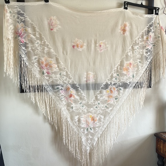 Accessories - Spanish “Manton” style shawl, fringed, ivory painted print flowers